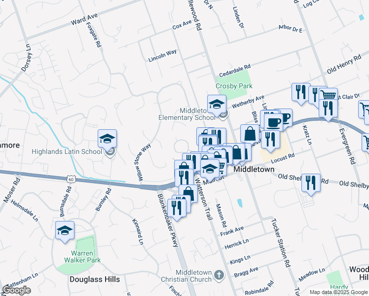 map of restaurants, bars, coffee shops, grocery stores, and more near 324 Heritage Hill Trail in Louisville