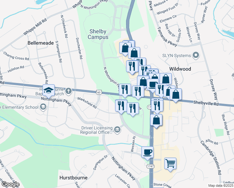 map of restaurants, bars, coffee shops, grocery stores, and more near in Hurstbourne