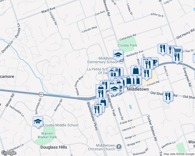 map of restaurants, bars, coffee shops, grocery stores, and more near 355 Heritage Hill Trail in Louisville