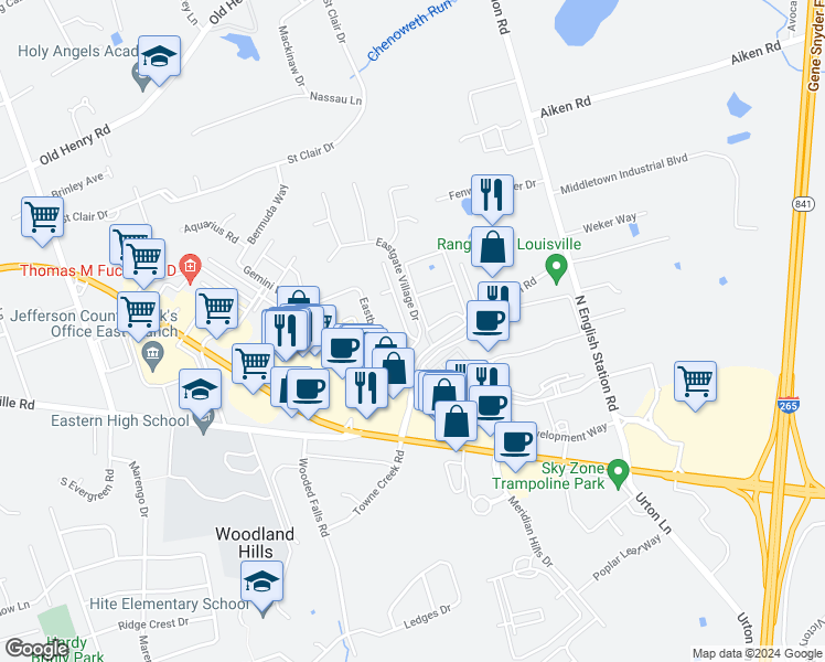 map of restaurants, bars, coffee shops, grocery stores, and more near 13205 Eastgate Village Drive in Louisville