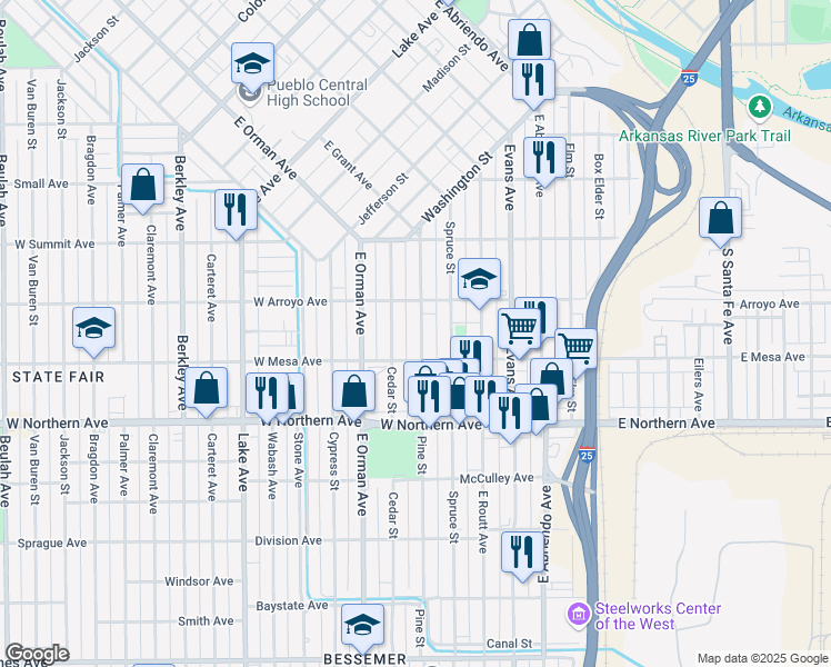 map of restaurants, bars, coffee shops, grocery stores, and more near 1125 Pine Street in Pueblo