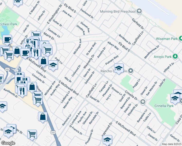map of restaurants, bars, coffee shops, grocery stores, and more near 1525 Sarkesian Drive in Petaluma