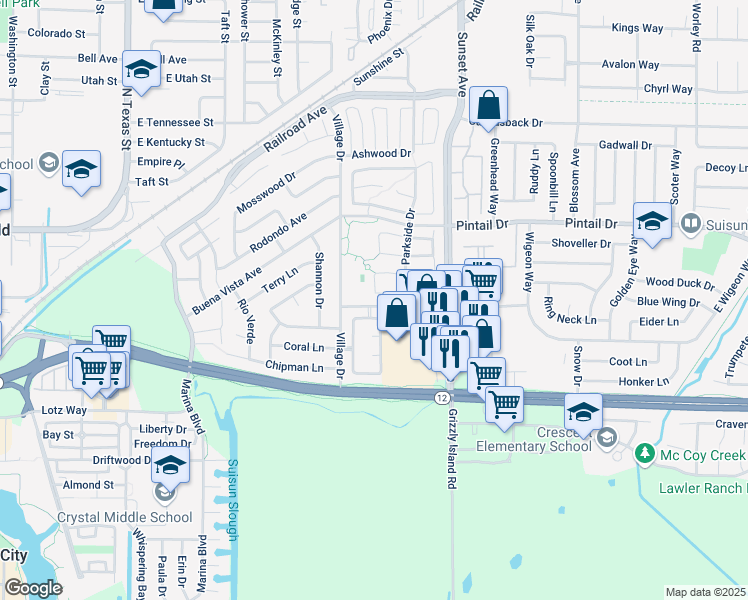 map of restaurants, bars, coffee shops, grocery stores, and more near 242 Redstone Circle in Suisun City