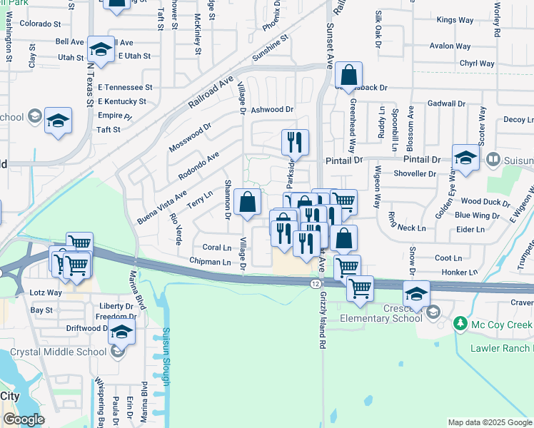 map of restaurants, bars, coffee shops, grocery stores, and more near 242 Redstone Circle in Suisun City