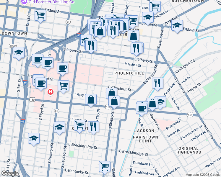 map of restaurants, bars, coffee shops, grocery stores, and more near 728 East Chestnut Street in Louisville