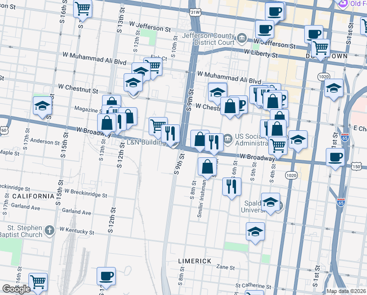 map of restaurants, bars, coffee shops, grocery stores, and more near in Louisville