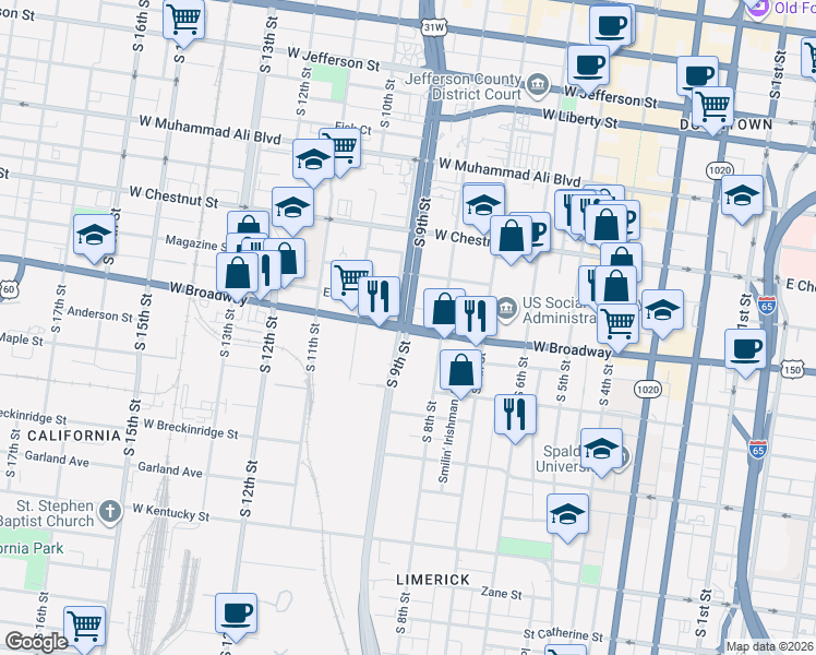 map of restaurants, bars, coffee shops, grocery stores, and more near in Louisville