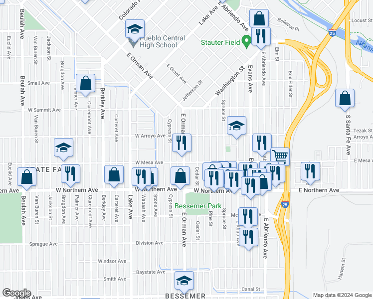 map of restaurants, bars, coffee shops, grocery stores, and more near 1124 East Orman Avenue in Pueblo