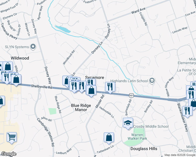 map of restaurants, bars, coffee shops, grocery stores, and more near 819 La Fontenay Court in Louisville