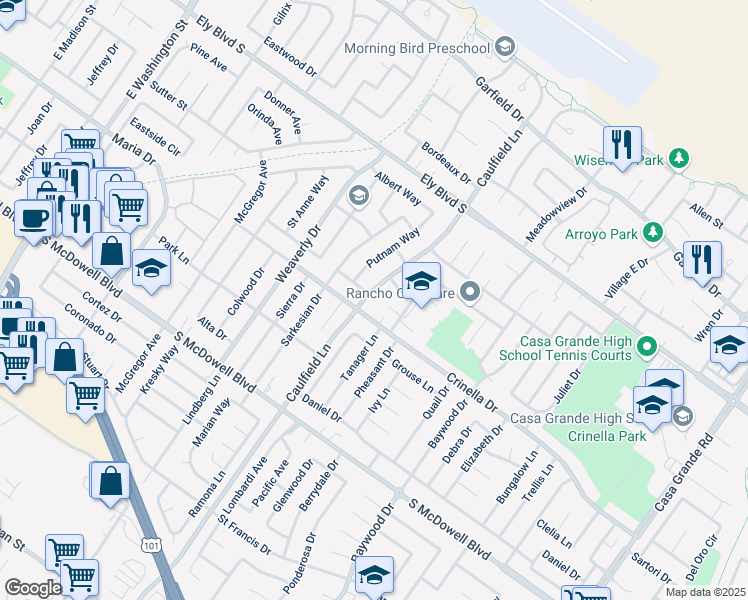 map of restaurants, bars, coffee shops, grocery stores, and more near 1608 Caulfield Lane in Petaluma