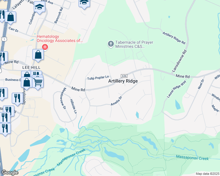 map of restaurants, bars, coffee shops, grocery stores, and more near 4240 Mine Road in Fredericksburg
