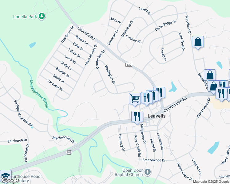 map of restaurants, bars, coffee shops, grocery stores, and more near 10600 Wellington Street in Fredericksburg