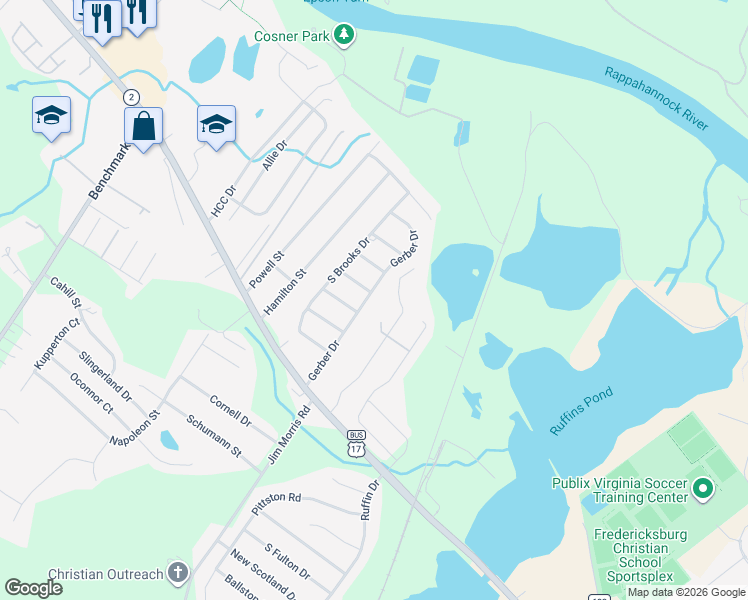 map of restaurants, bars, coffee shops, grocery stores, and more near 212 Gerber Drive in Fredericksburg
