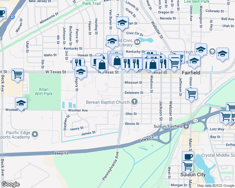map of restaurants, bars, coffee shops, grocery stores, and more near 15A Canova Lane in Fairfield
