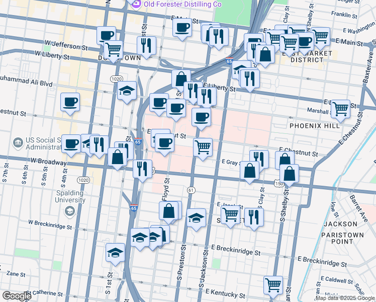 map of restaurants, bars, coffee shops, grocery stores, and more near 634 South Preston Street in Louisville
