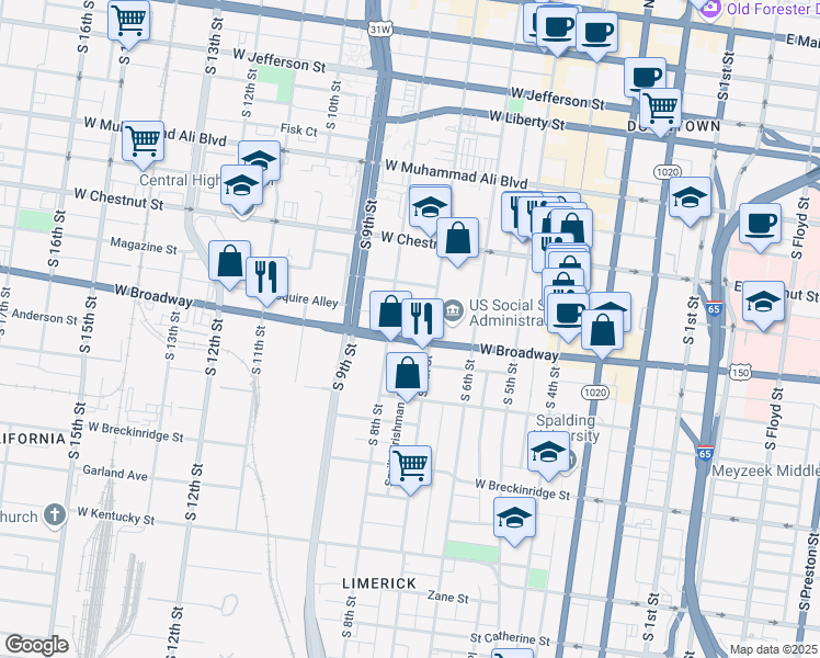 map of restaurants, bars, coffee shops, grocery stores, and more near 717 West Broadway in Louisville