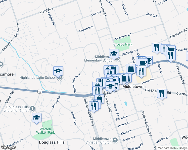 map of restaurants, bars, coffee shops, grocery stores, and more near 324 Heritage Hill Trail in Louisville