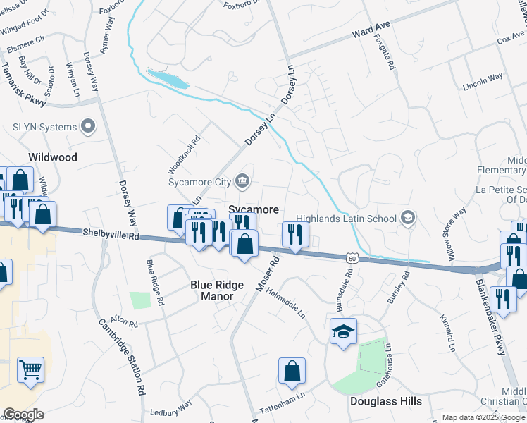 map of restaurants, bars, coffee shops, grocery stores, and more near 819 La Fontenay Court in Louisville