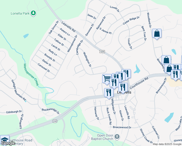 map of restaurants, bars, coffee shops, grocery stores, and more near 10600 Wellington Street in Fredericksburg