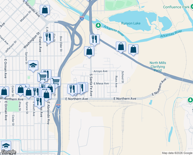 map of restaurants, bars, coffee shops, grocery stores, and more near 1111 Bohmen Avenue in Pueblo