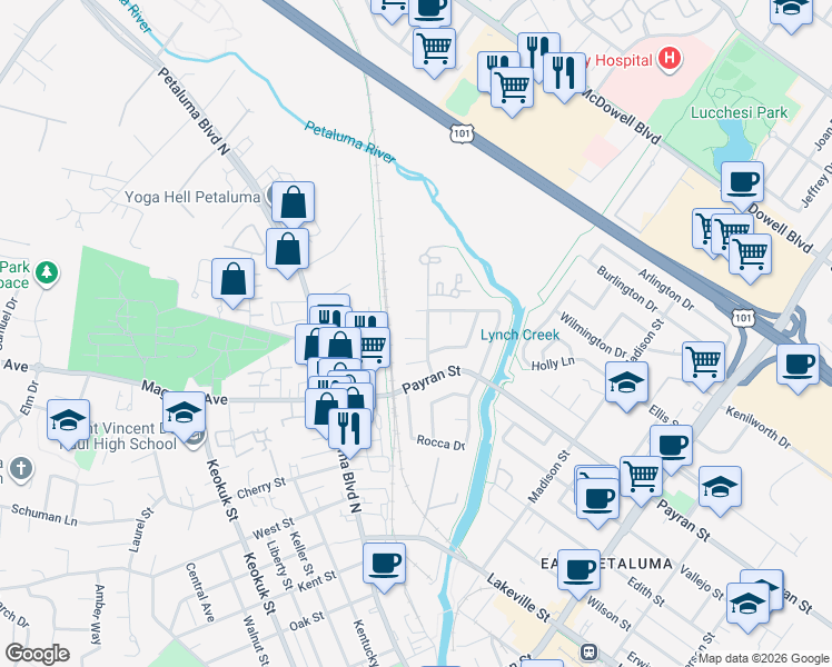 map of restaurants, bars, coffee shops, grocery stores, and more near 8 Bernice Court in Petaluma