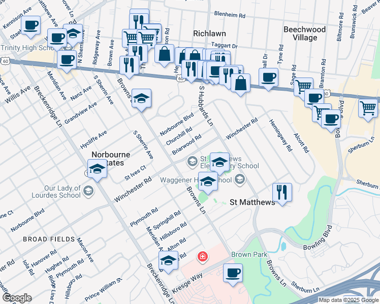map of restaurants, bars, coffee shops, grocery stores, and more near 4217 Winchester Road in Louisville