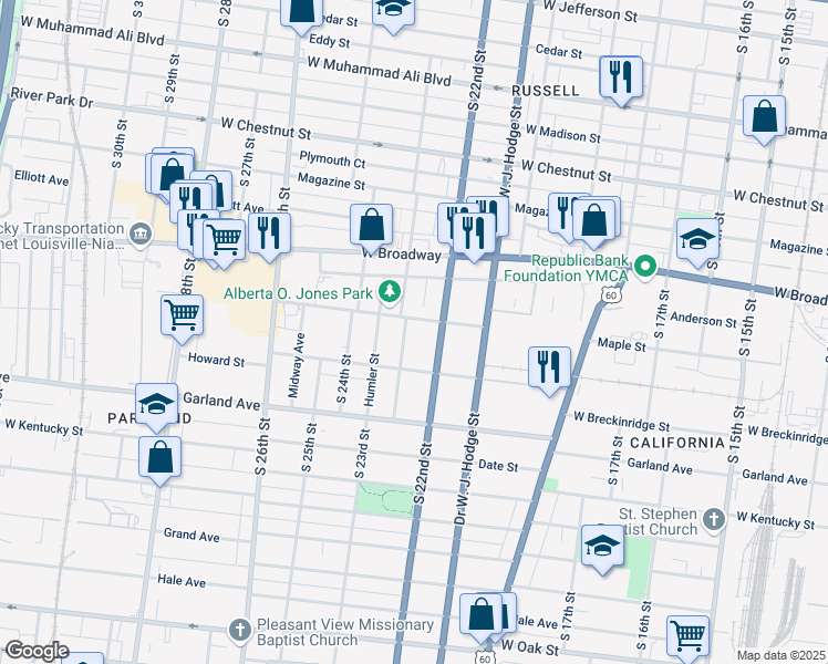 map of restaurants, bars, coffee shops, grocery stores, and more near 2216 Maple Street in Louisville