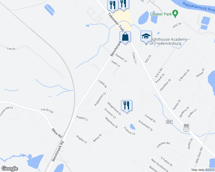 map of restaurants, bars, coffee shops, grocery stores, and more near 3006 Cahill Street in Fredericksburg
