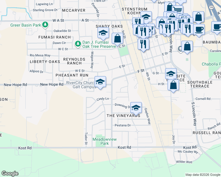 map of restaurants, bars, coffee shops, grocery stores, and more near 616 1st Street in Galt