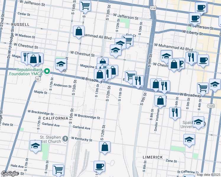 map of restaurants, bars, coffee shops, grocery stores, and more near 12 South 12th Street in Louisville