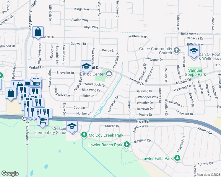 map of restaurants, bars, coffee shops, grocery stores, and more near 571 East Wigeon Way in Suisun City