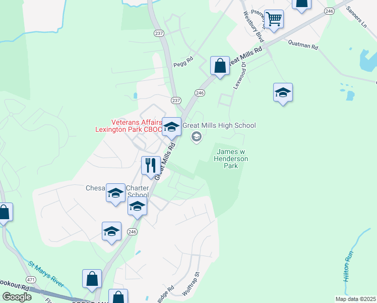 map of restaurants, bars, coffee shops, grocery stores, and more near 21130 Great Mills Road in Great Mills