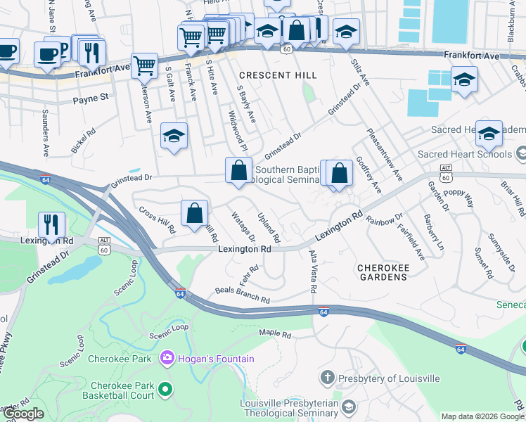 map of restaurants, bars, coffee shops, grocery stores, and more near 637 Upland Road in Louisville
