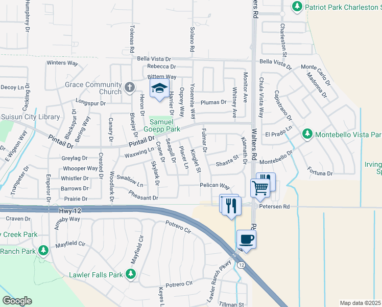 map of restaurants, bars, coffee shops, grocery stores, and more near 622 Kinglet Street in Suisun City