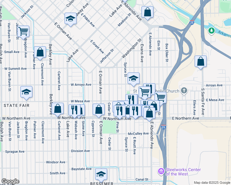 map of restaurants, bars, coffee shops, grocery stores, and more near 1121 Pine Street in Pueblo