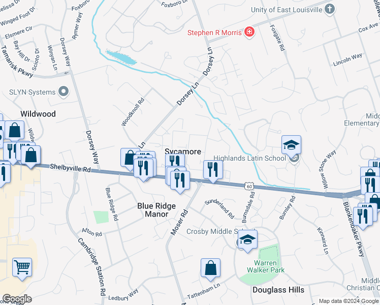 map of restaurants, bars, coffee shops, grocery stores, and more near 819 La Fontenay Court in Louisville