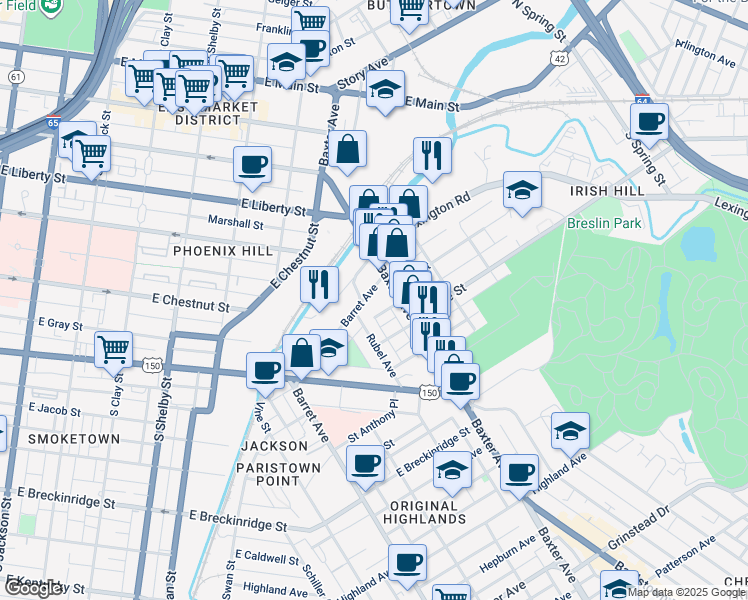 map of restaurants, bars, coffee shops, grocery stores, and more near 519 Barret Avenue in Louisville