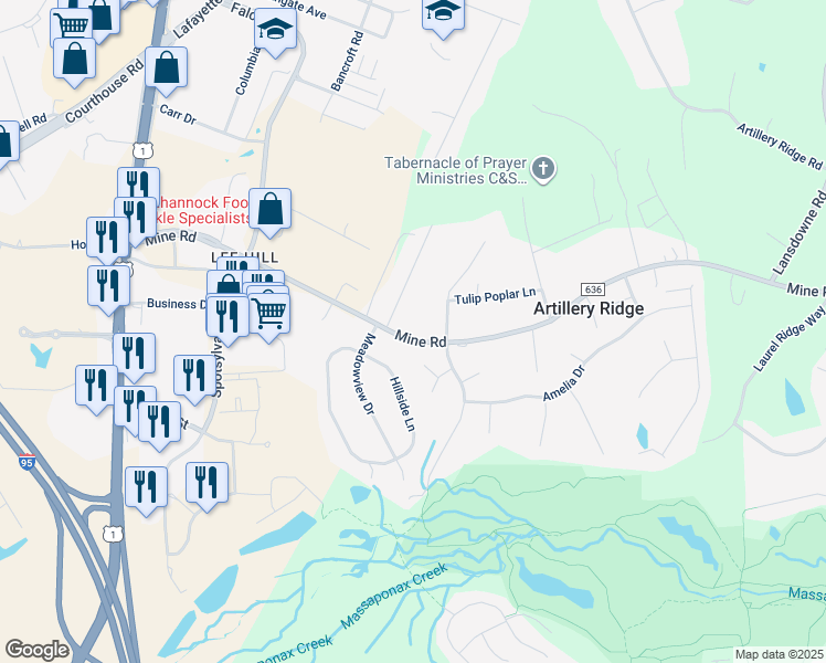 map of restaurants, bars, coffee shops, grocery stores, and more near 4417 Mine Road in Fredericksburg