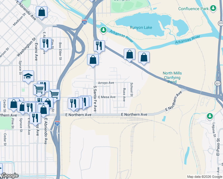 map of restaurants, bars, coffee shops, grocery stores, and more near 1120 Mahren Avenue in Pueblo