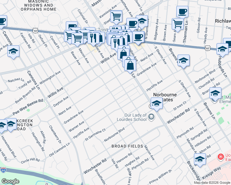 map of restaurants, bars, coffee shops, grocery stores, and more near 3704 Grandview Avenue in Louisville