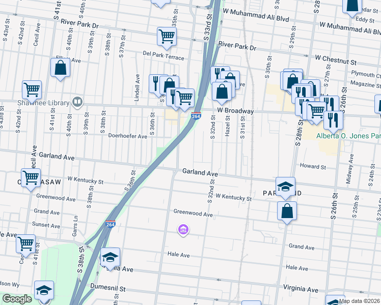 map of restaurants, bars, coffee shops, grocery stores, and more near 822 South 33rd Street in Louisville