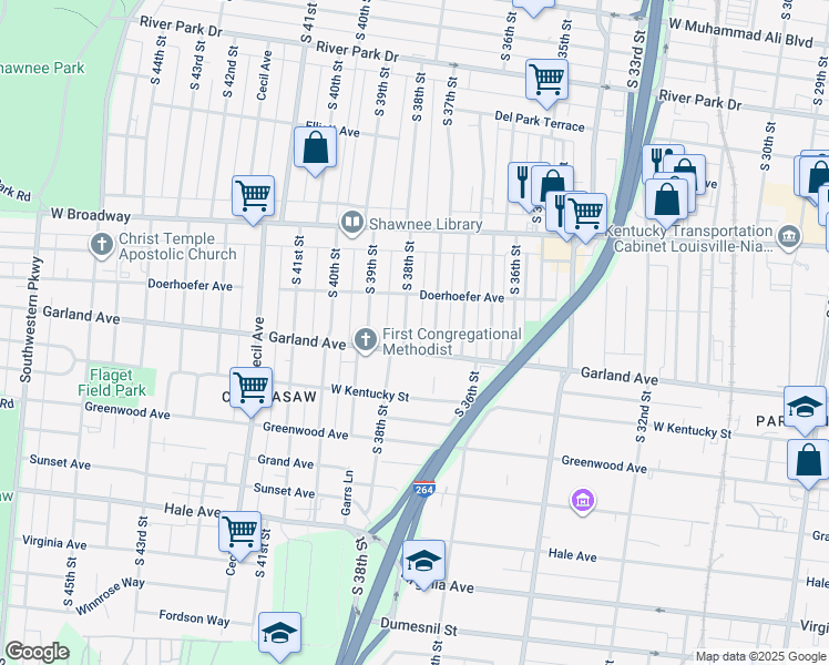 map of restaurants, bars, coffee shops, grocery stores, and more near 825 South 38th Street in Louisville