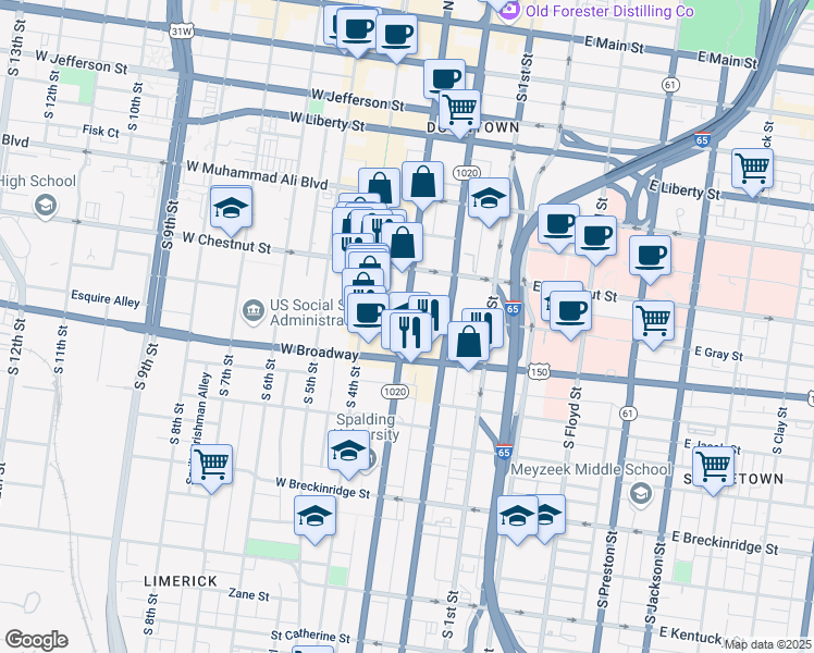map of restaurants, bars, coffee shops, grocery stores, and more near 651 South 3rd Street in Louisville