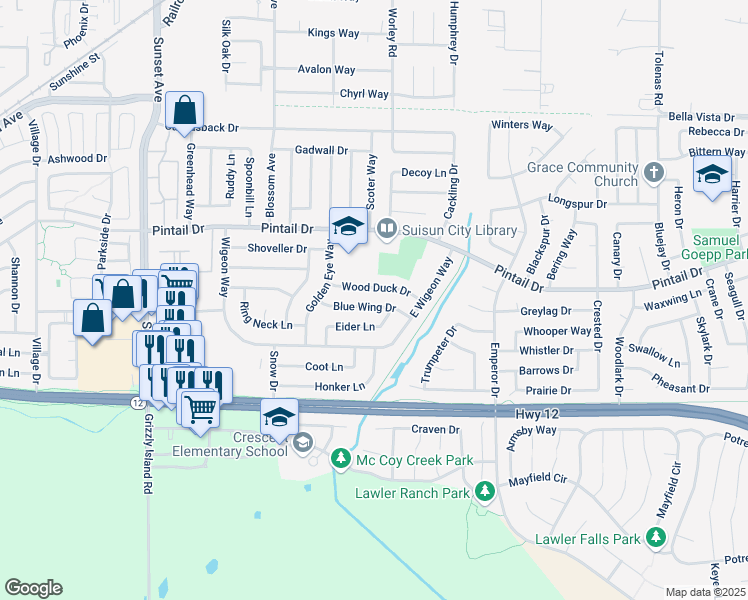 map of restaurants, bars, coffee shops, grocery stores, and more near 520 Blue Wing Drive in Suisun City