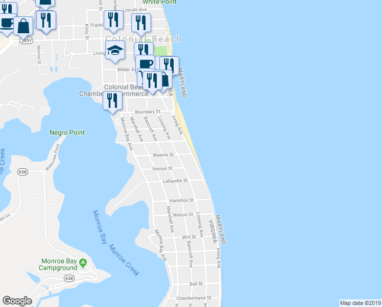 map of restaurants, bars, coffee shops, grocery stores, and more near 21 Weems Street in Colonial Beach