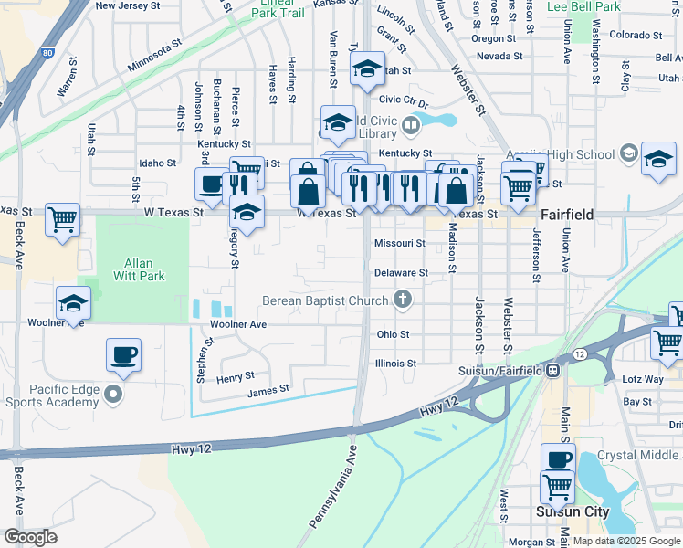 map of restaurants, bars, coffee shops, grocery stores, and more near 15A Canova Lane in Fairfield