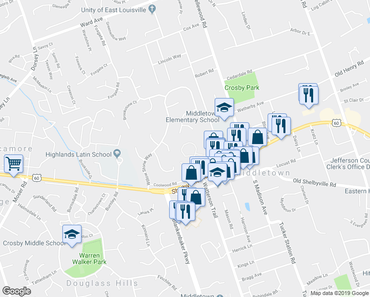 map of restaurants, bars, coffee shops, grocery stores, and more near 324 Heritage Hill Trail in Louisville