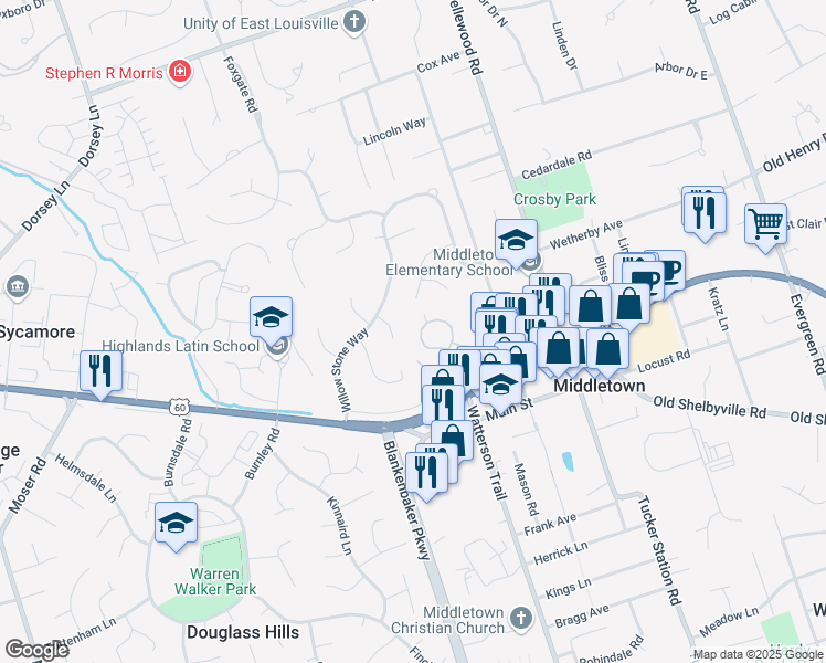 map of restaurants, bars, coffee shops, grocery stores, and more near 303 Stodghill Place in Louisville