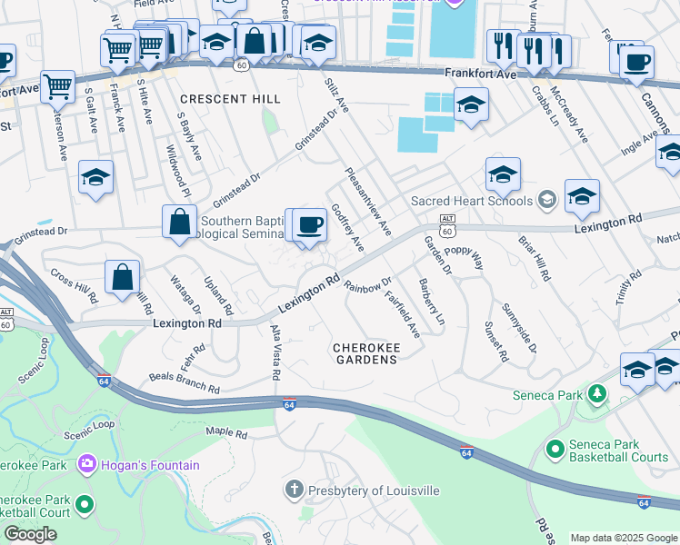 map of restaurants, bars, coffee shops, grocery stores, and more near in Louisville
