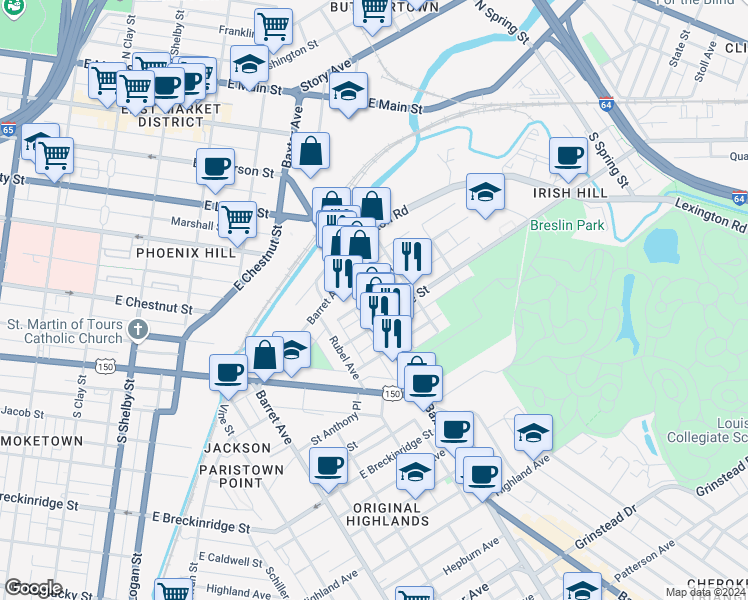 map of restaurants, bars, coffee shops, grocery stores, and more near 511 Baxter Avenue in Louisville